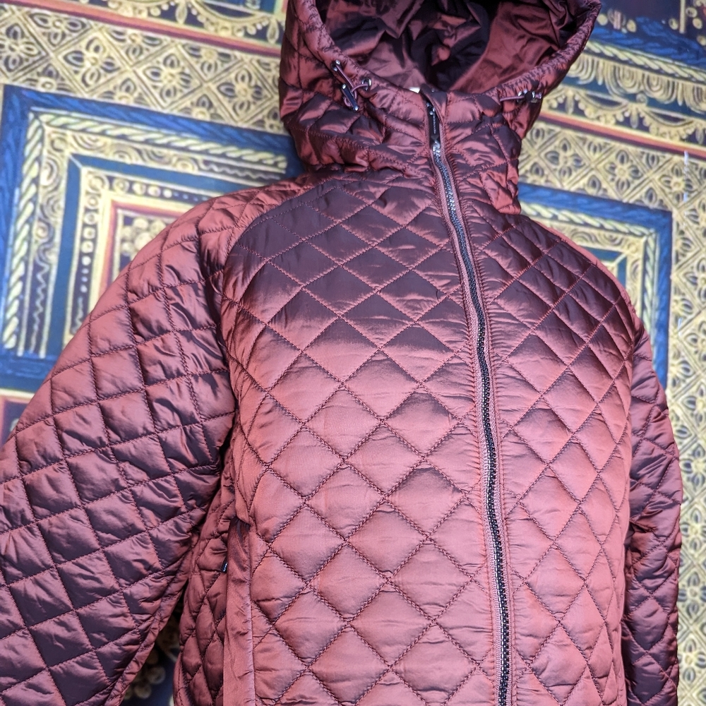 BCBGMaxAzria Quilted Zip Front Coat with Hood Size Medium Raisin Metallic - Picture 11 of 15